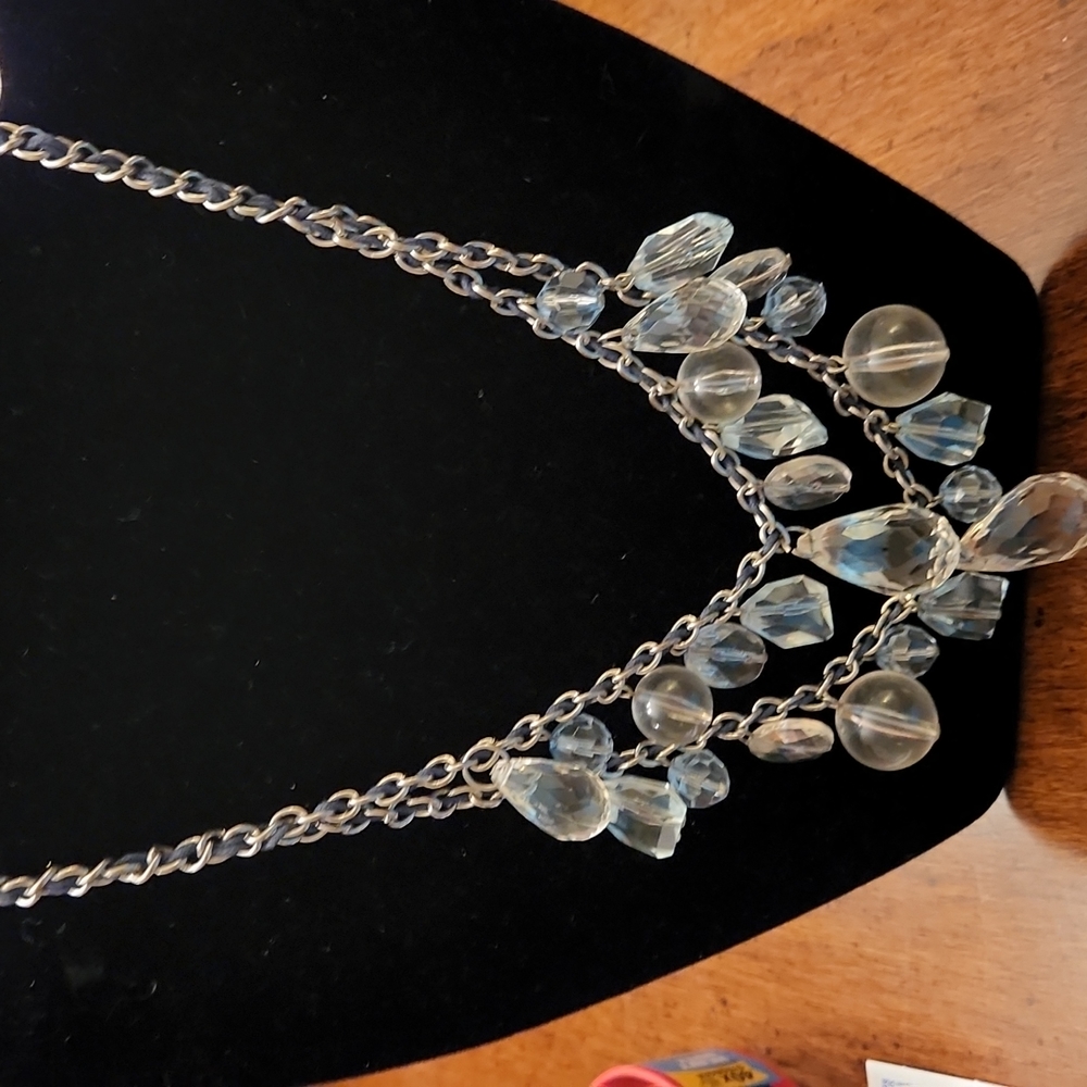 Fashion necklace, lt blue & clear stones, with silver chain, lobster claw hook - Picture 7 of 8